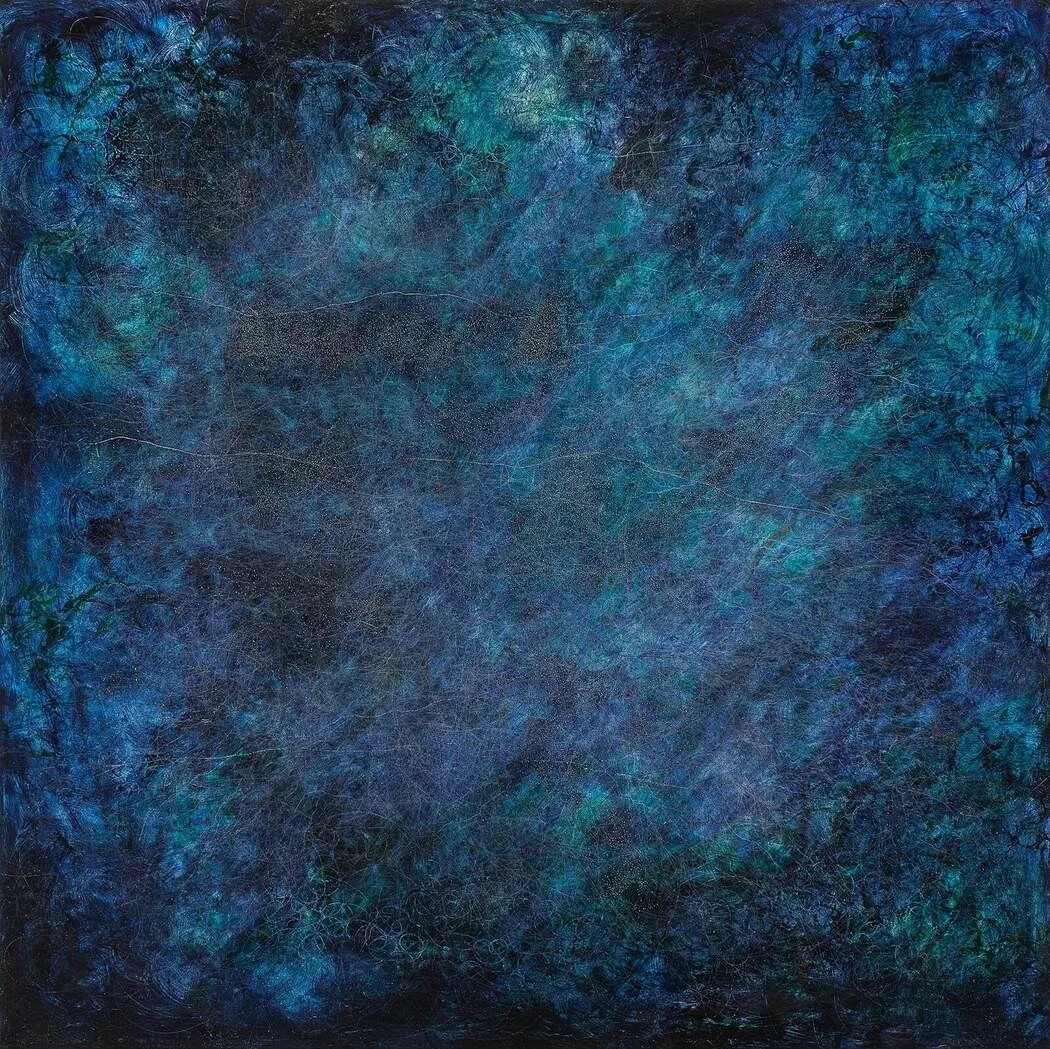 Abstract painting in blue, turquoise and dark tones.