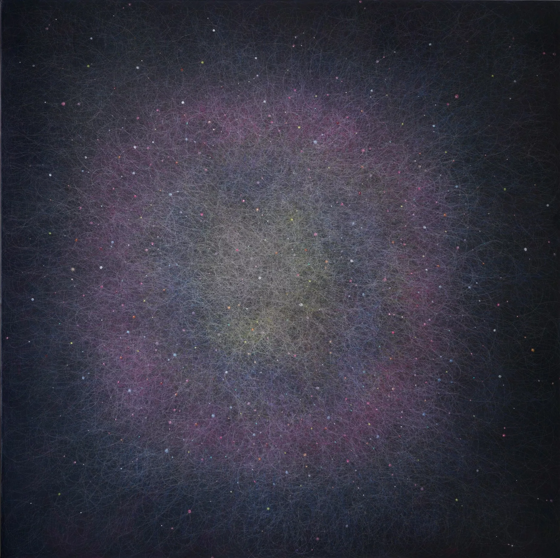 Circular network of fine lines over a dark background.