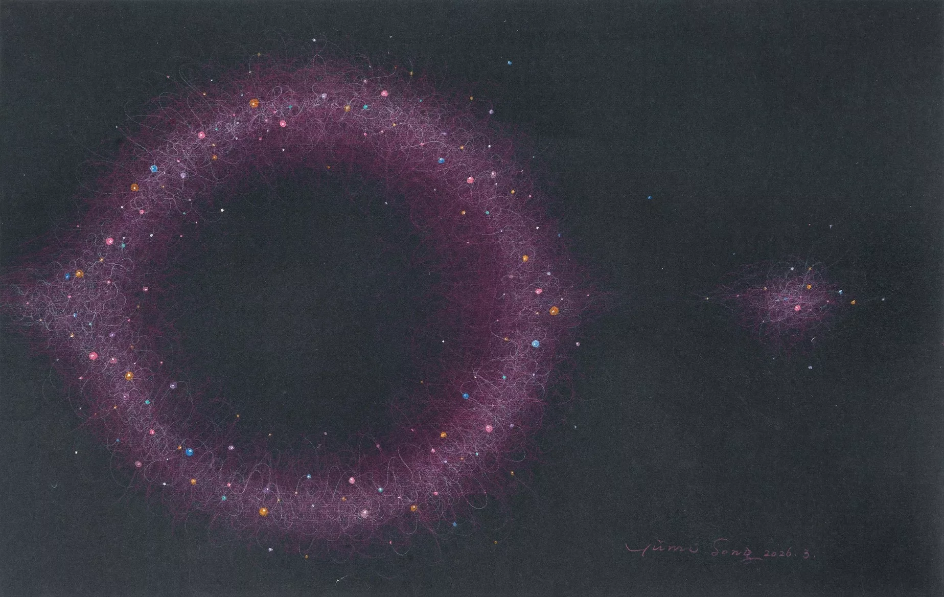 Pink circular lines and a small luminous point on a dark background.