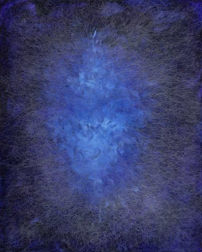 Abstract painting with blue light at its centre.