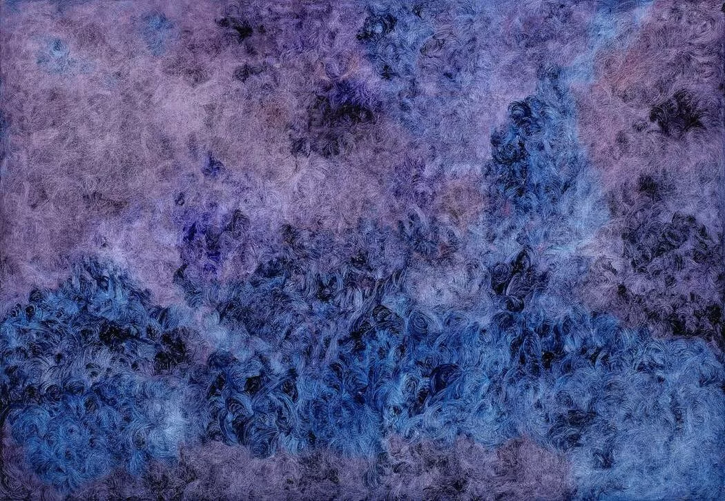 Abstract painting with blue and violet textures.