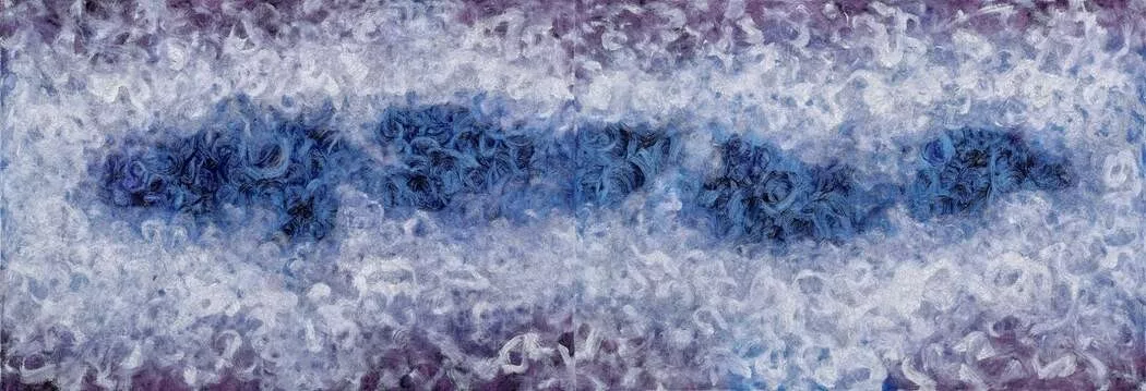 Horizontal abstract painting in blue and violet tones.